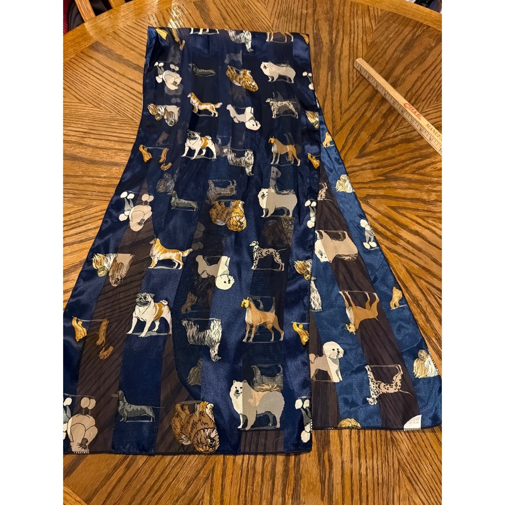 Navy Blue Dog Breed Print Scarf Sheer Stripe Polyester RN 99947 Korea